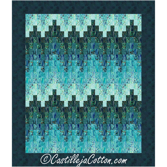 Blue and green quilt with up and down rows of blocks in a Bargello design.