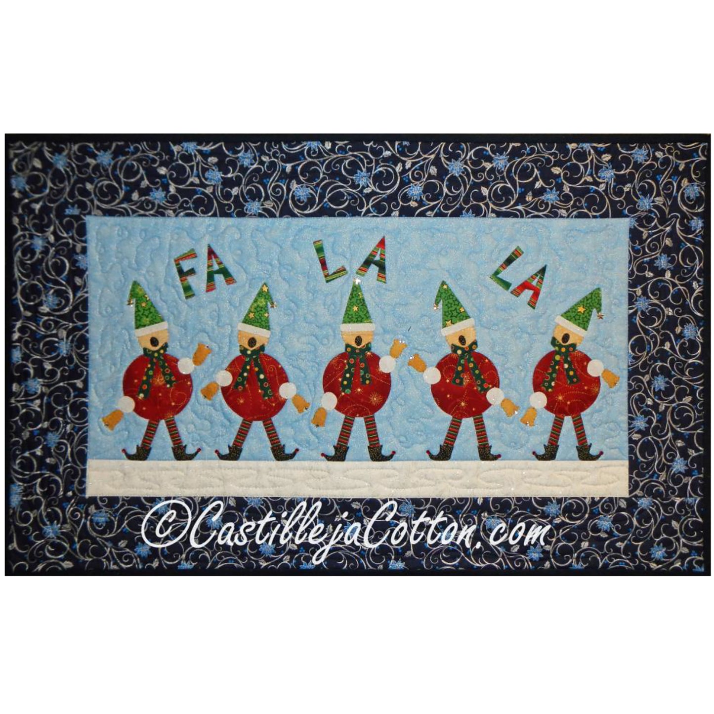 Adorable quilt features five elves singing "fa la la" with their red round outfits and green hats.