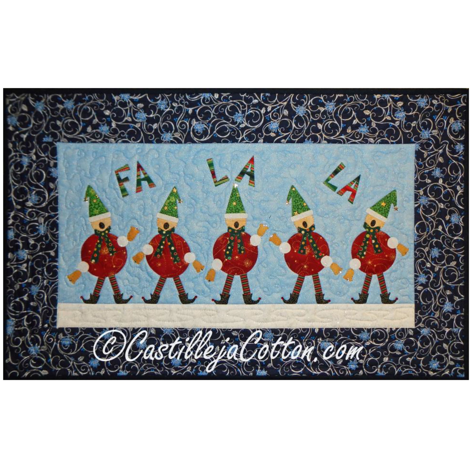 Adorable quilt features five elves singing "fa la la" with their red round outfits and green hats.