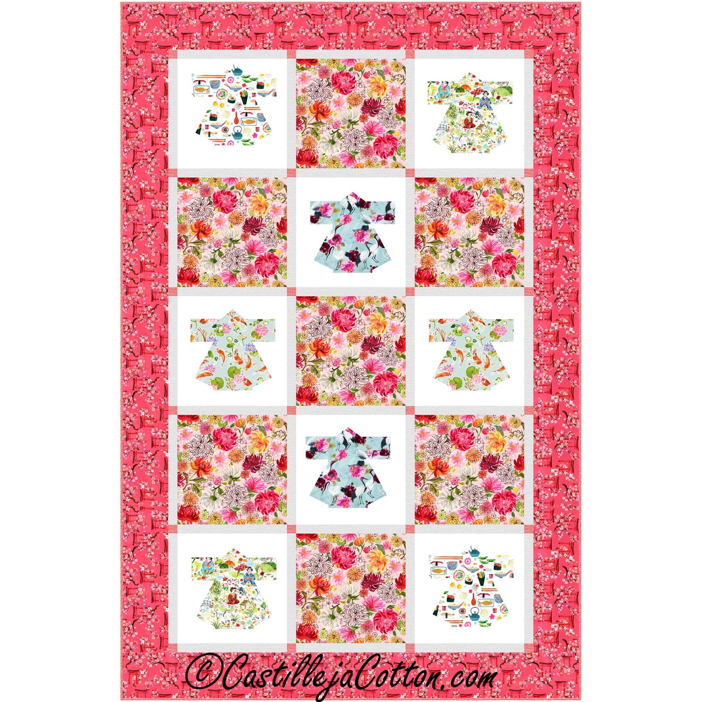 Grid of floral blocks and mini kimono blocks quilt.