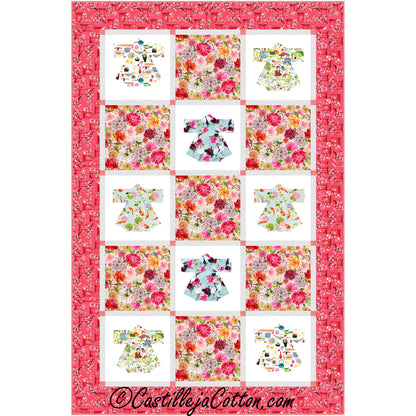 Grid of floral blocks and mini kimono blocks quilt.