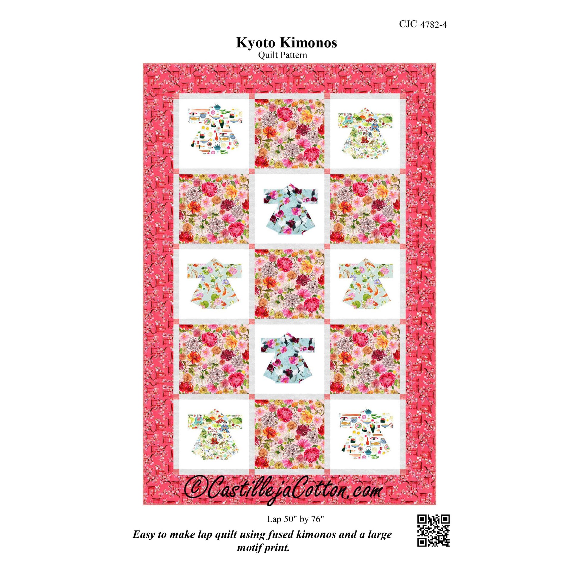Quilt pattern cover for 'Kyoto Kimonos' by Castilleja Cotton with colorful kimono designs on a pink background.