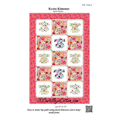 Quilt pattern cover for 'Kyoto Kimonos' by Castilleja Cotton with colorful kimono designs on a pink background.