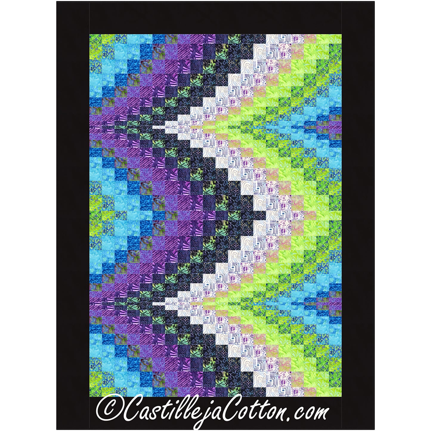 Beautiful bargello quilt features a wave to the side in white, green, blue, and purple.