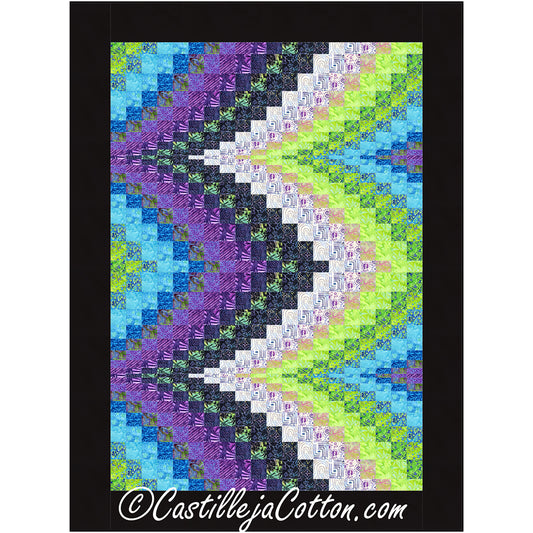 Beautiful bargello quilt features a wave to the side in white, green, blue, and purple.