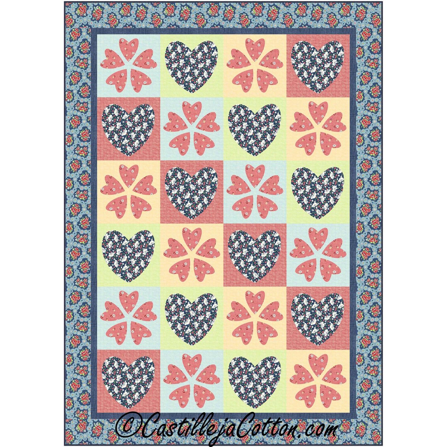 Quilt with heart and flower pattern on a colorful background