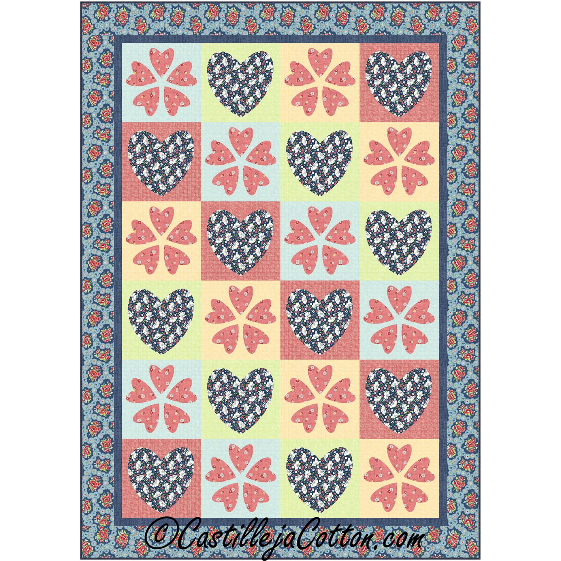 Quilt with heart and flower pattern on a colorful background