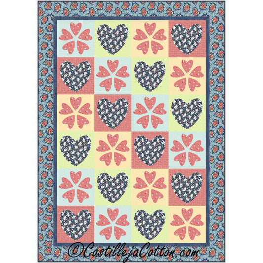 Quilt with heart and flower pattern on a colorful background