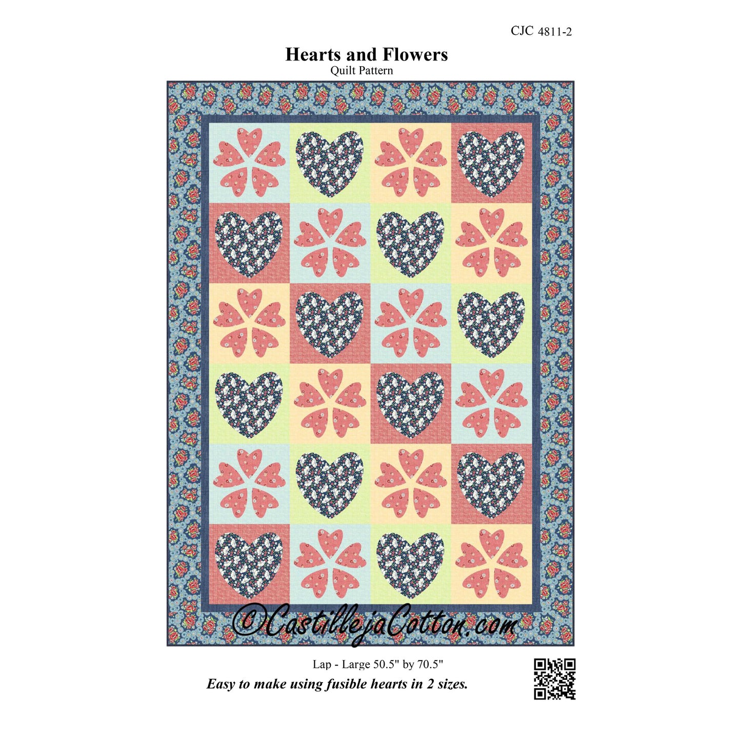 Image of the cover for the Hearts and Flowers quilt pattern by Diane McGregor of Castilleja Cotton.