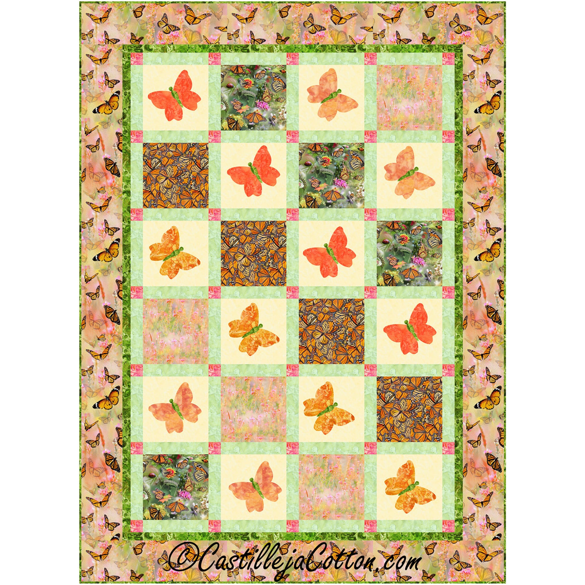 Lovely green, orange, and yellow quilt features lots of butterflies. These are large in some blocks and others as a pattern of lots of them. Most of these are monarch butterflies. Alternating blocks of large butterflies and fabric with butterflies.