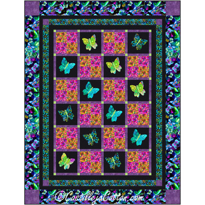 A colorful quilt featuring butterflies interchanged with flower fabric.