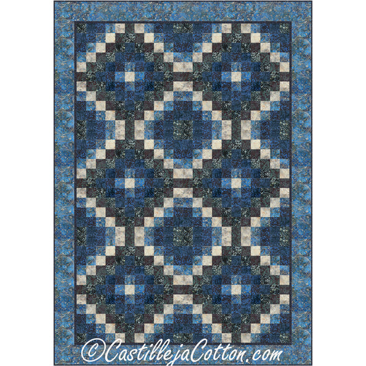 Blue and white quilt with square Bargello design, perfect for cozying up on chilly nights.