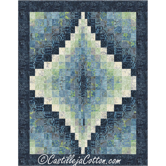 A blue and green quilt featuring a bargello diamond pattern.