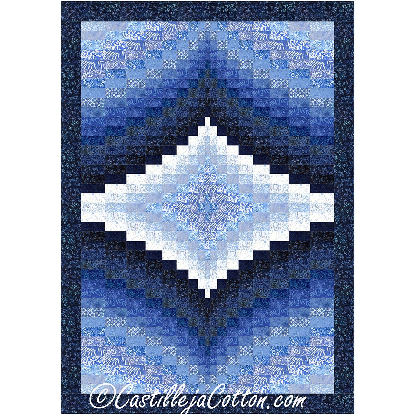 Beautiful bargello quilt in various shades of blue in diamond shape from the center.