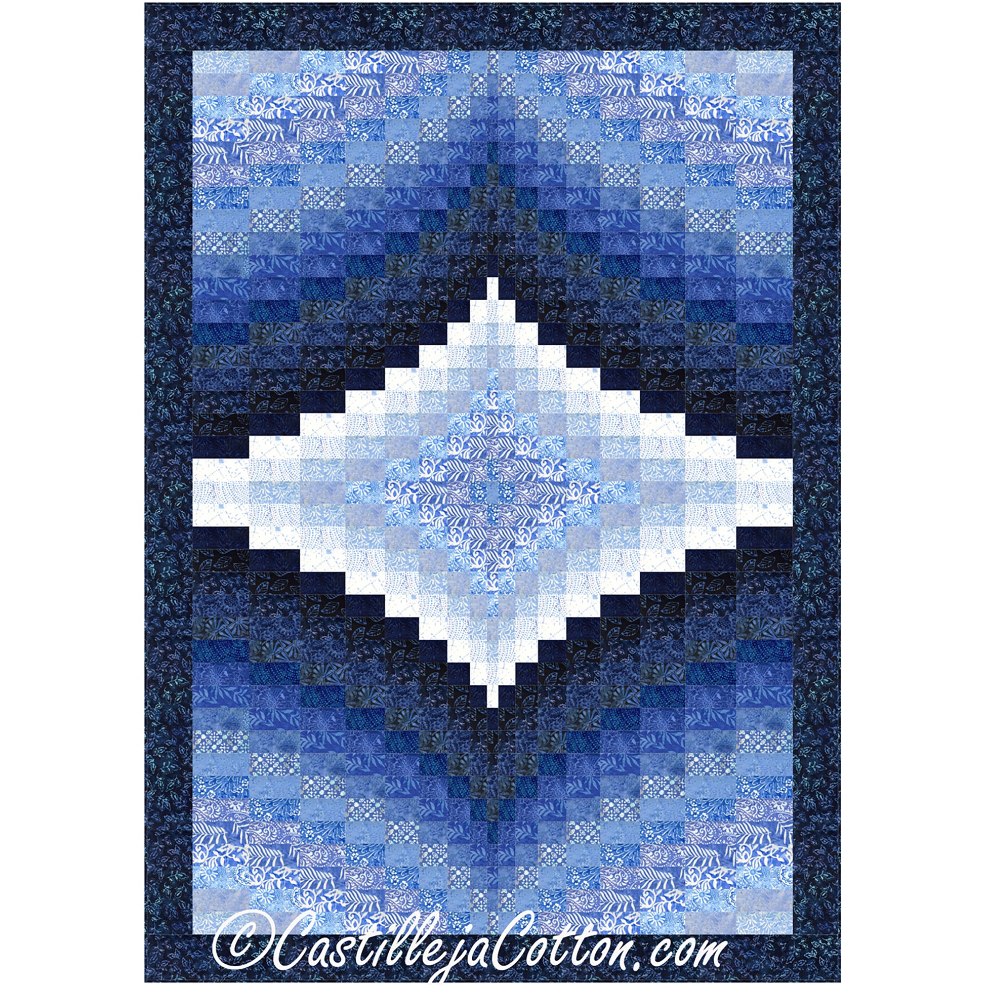 Beautiful bargello quilt in various shades of blue in diamond shape from the center.