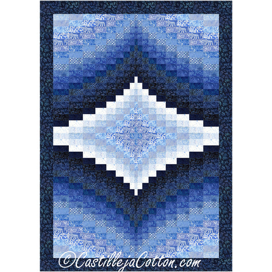 Beautiful bargello quilt in various shades of blue in diamond shape from the center.