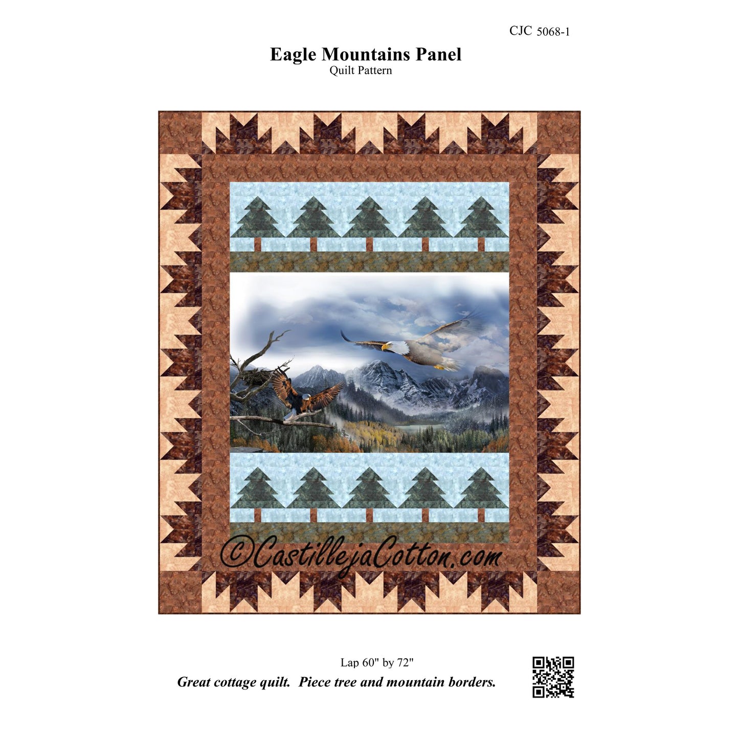 Image of the front cover for the Eagle Mountains Panel quilt pattern by Castilleja Cotton.