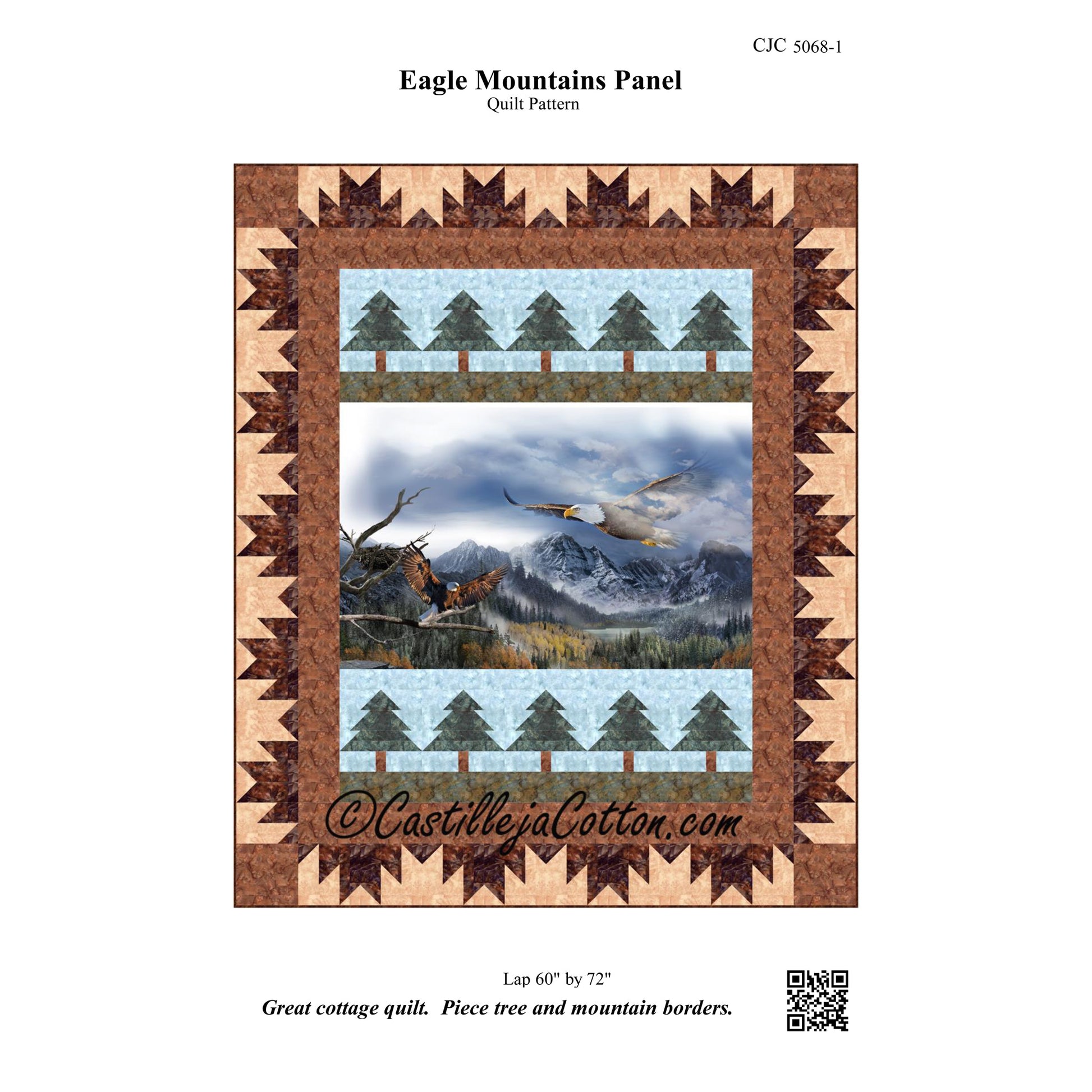 Image of the front cover for the Eagle Mountains Panel quilt pattern by Castilleja Cotton.
