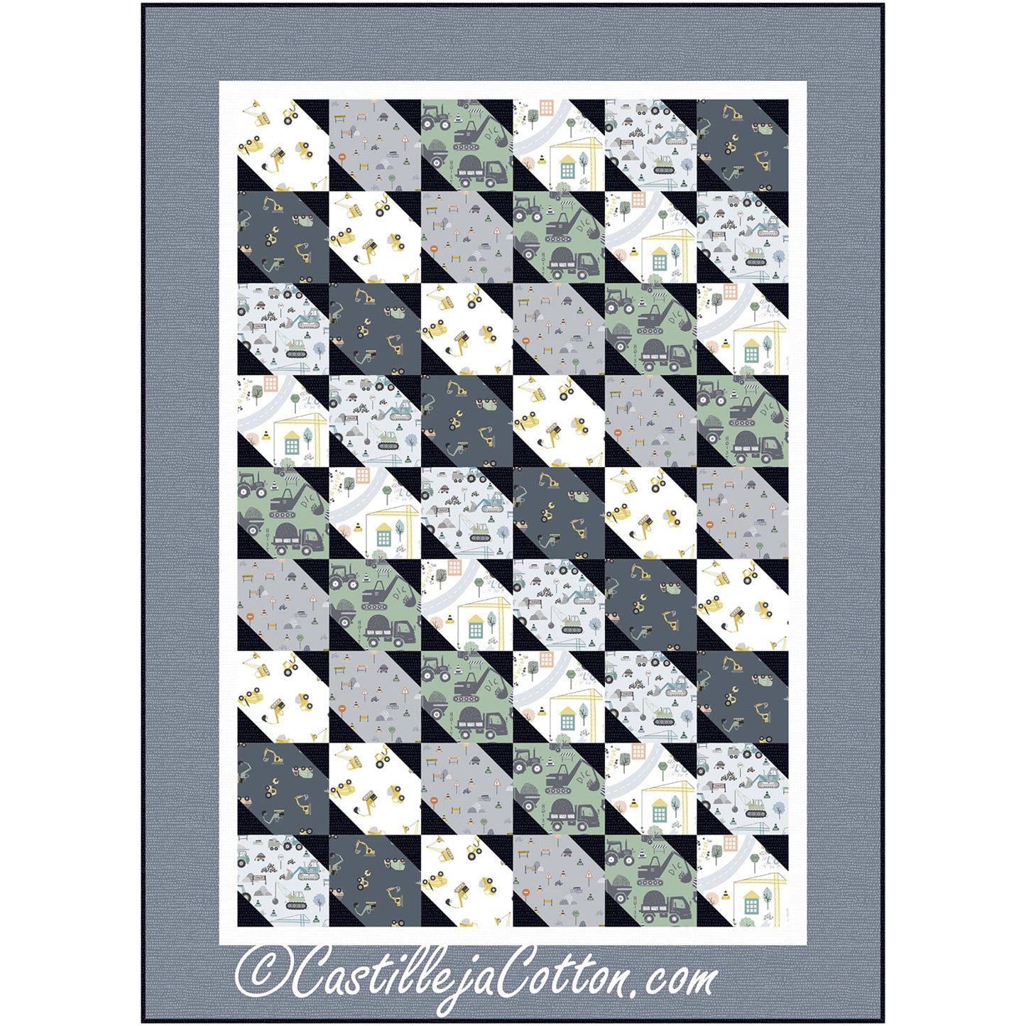 Fun gray and green quilt with odd-shaped rectangular blocks of construction vehicles.