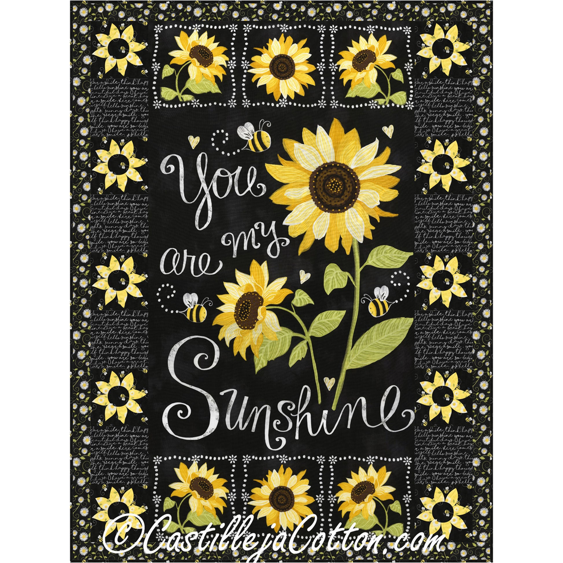 Decorative quilt with sunflower design and text 'You are my sunshine' on a black background.
