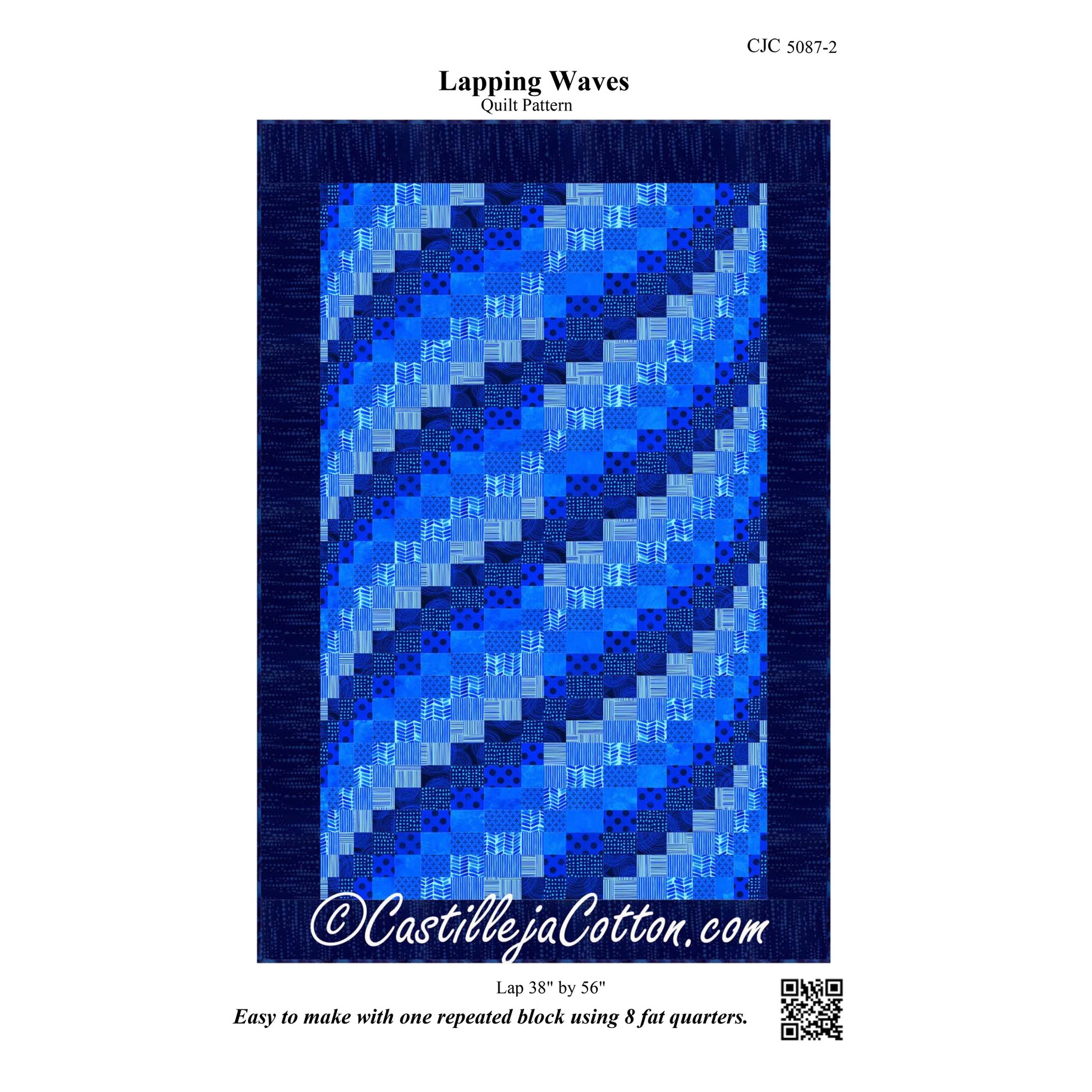 Image of the front cover of the Lapping Waves quilt pattern by Diane McGregor of Castilleja Cotton.