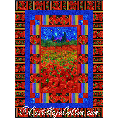 Bright poppy field under a starry night sky quilt with borders enhancing the inside panel of poppies.