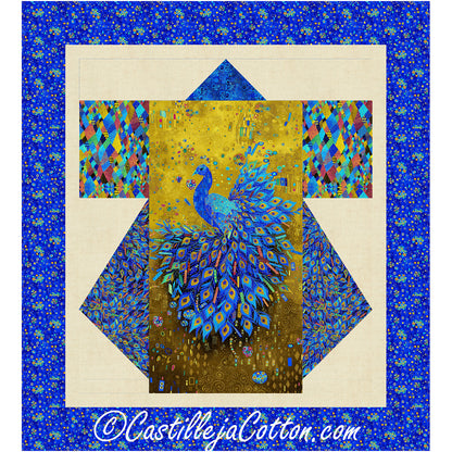 Quilt features a beautiful kimono with majestic peacock in the middle of the back. Mostly blues with colorful sleeves and gold as main color for back with peacock.