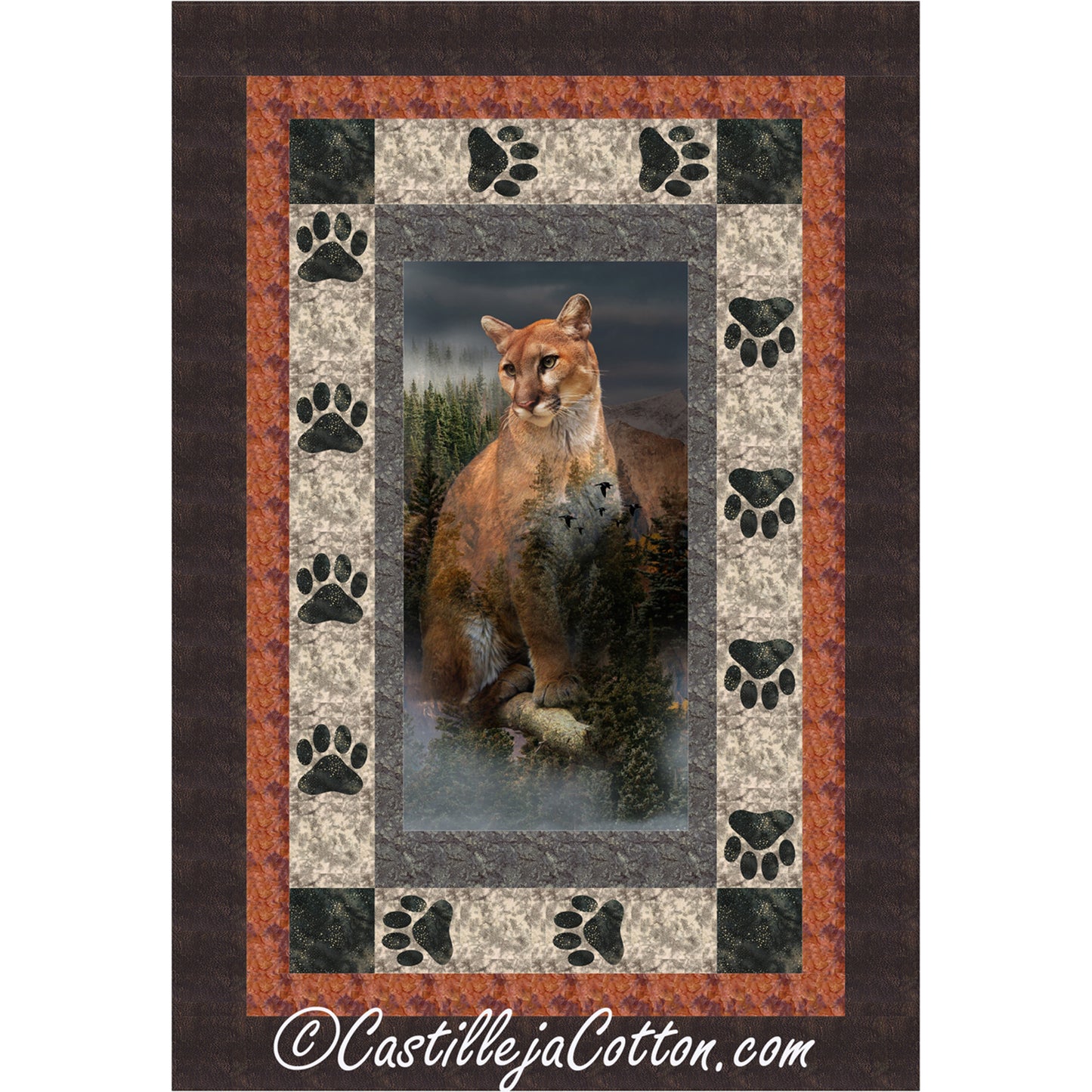 Quilt with a cougar design in the center, surrounded by paw prints and a brown border.