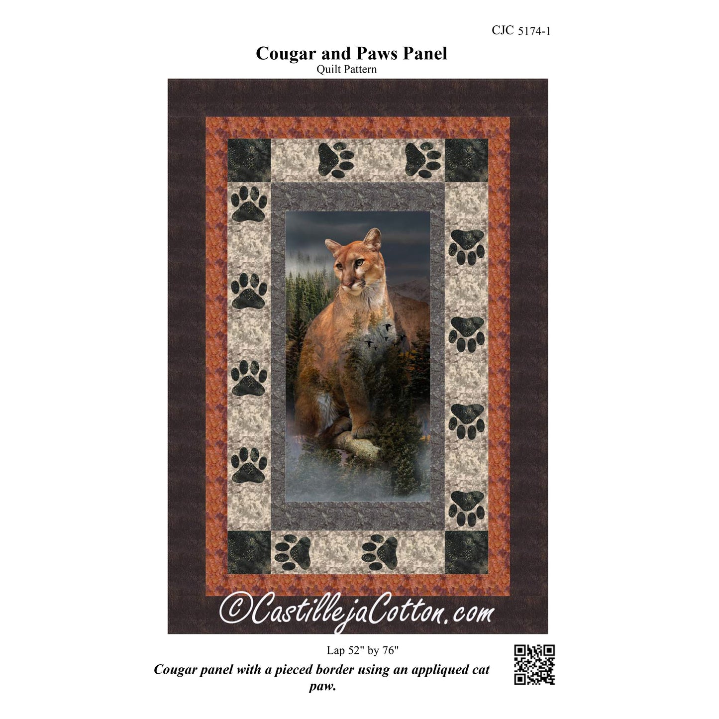 Quilt pattern for a cougar and paw design with branding information.