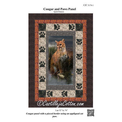Quilt pattern for a cougar and paw design with branding information.