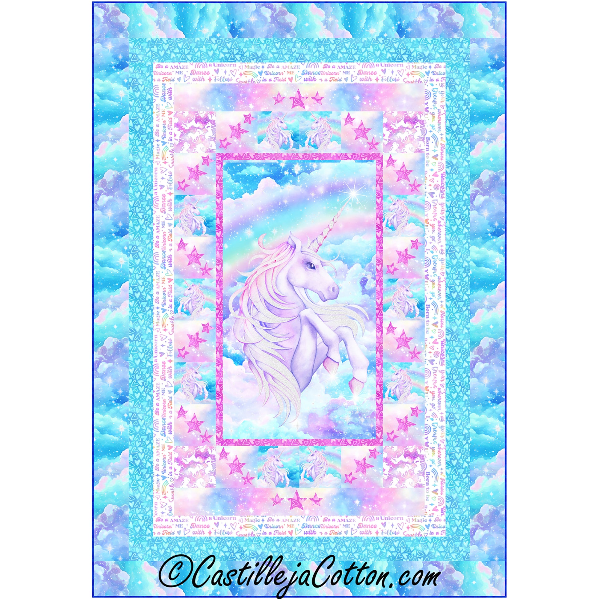 A bright pastel quilt featuring a majestic unicorn in the middle. Featuring rainbows, clouds and stars.