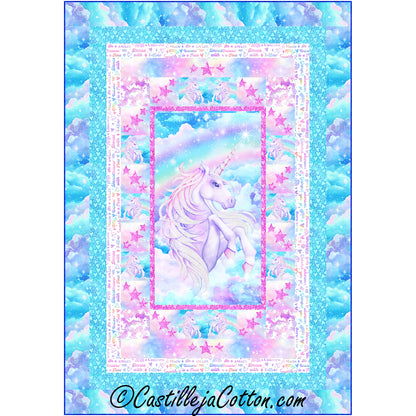 A bright pastel quilt featuring a majestic unicorn in the middle. Featuring rainbows, clouds and stars.