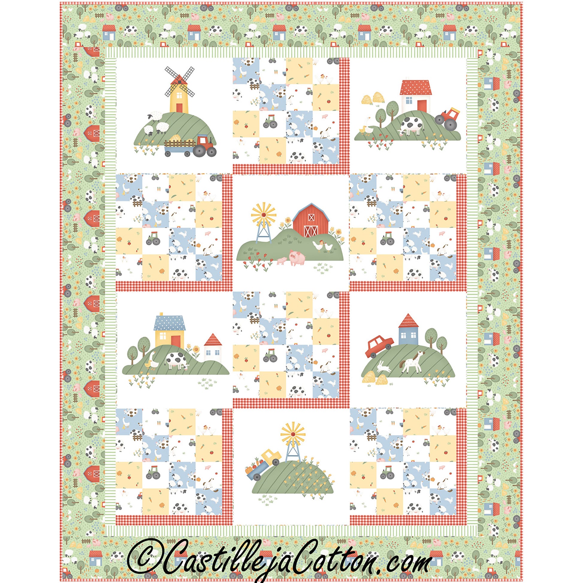 A colorful quilt featuring a serene farm scene, showcasing fields, animals, and a rustic barn design.