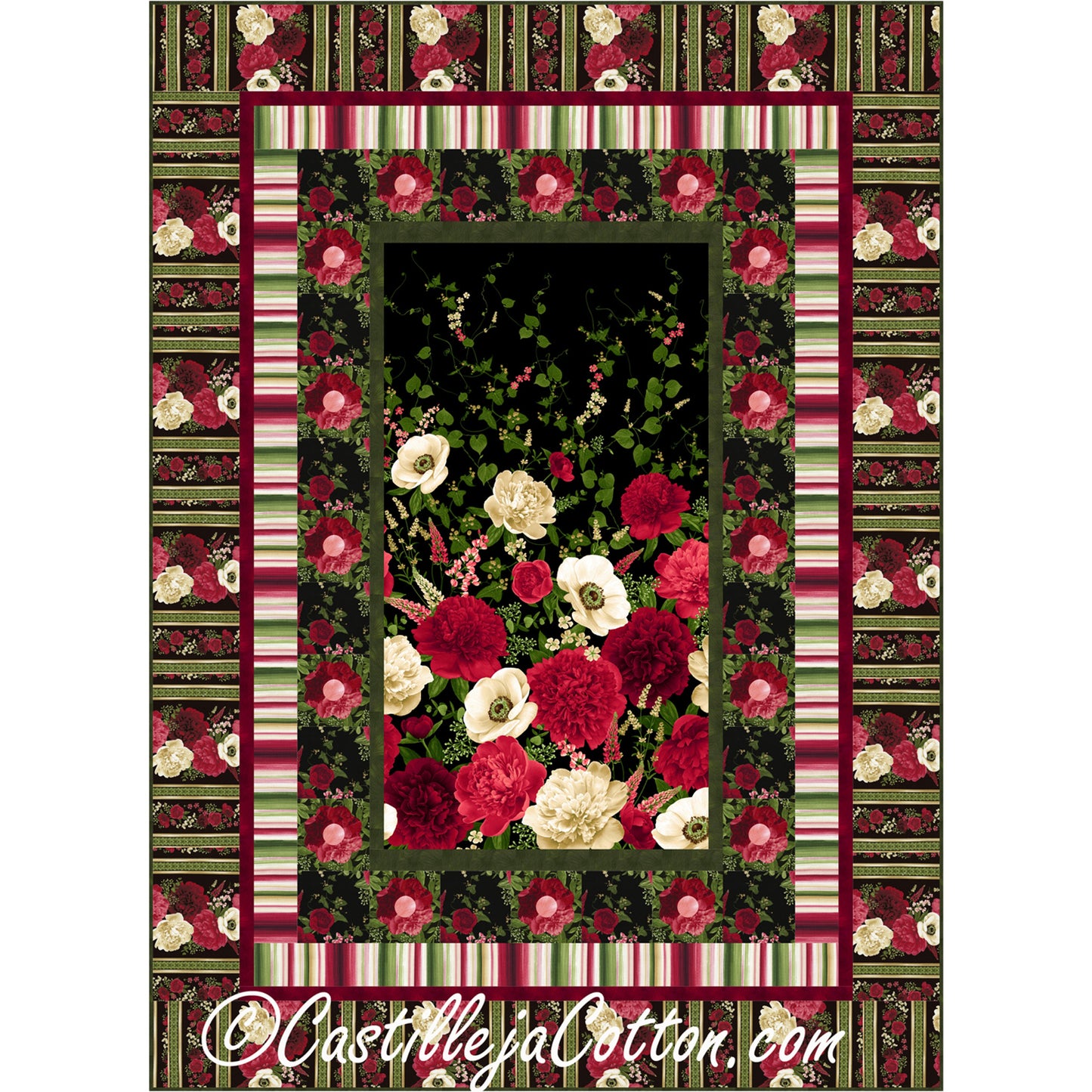 Quilt with a floral fabric panel center surrounded by an appliqued flower border.