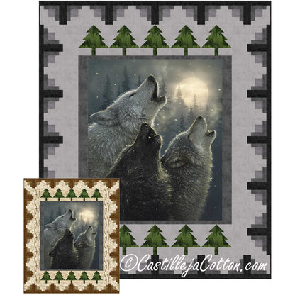 Quilt with three wolves howling at the moon design, surrounded by tree patterns and a brand logo.