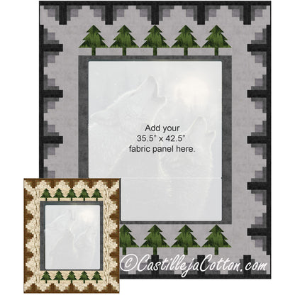 Fabric panel quilt featuring a tree and log cabin block border. 