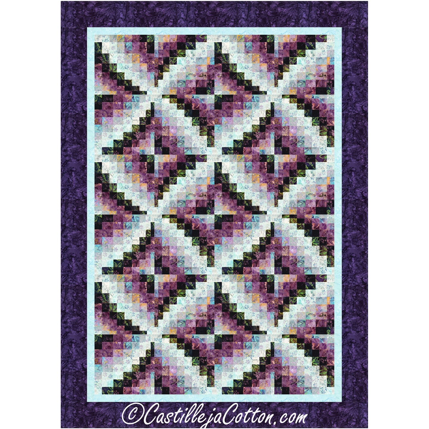 Quilt with geometric pattern on a purple background, featuring the brand 'Castilleja Cotton'.