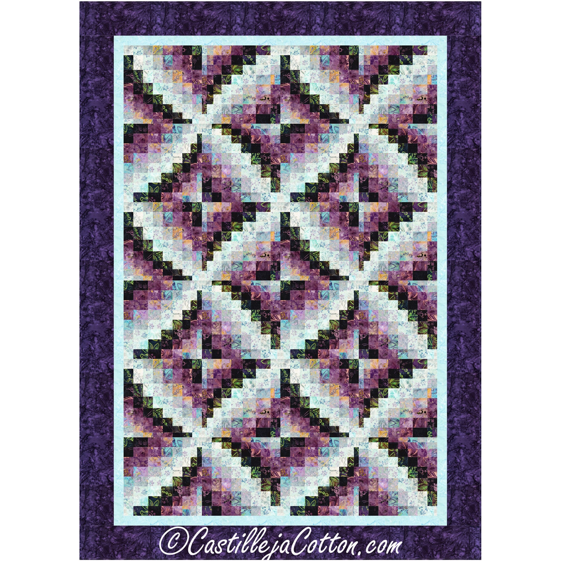 Quilt with geometric pattern on a purple background, featuring the brand 'Castilleja Cotton'.