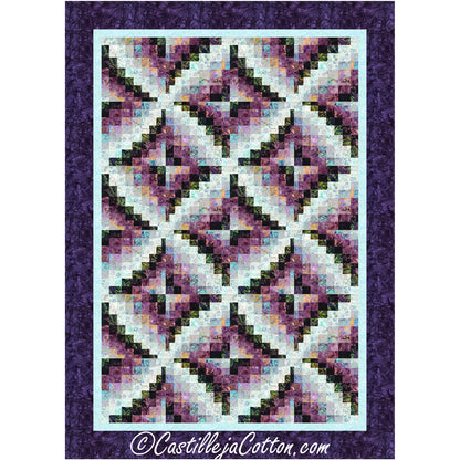 Quilt with geometric pattern on a purple background, featuring the brand 'Castilleja Cotton'.
