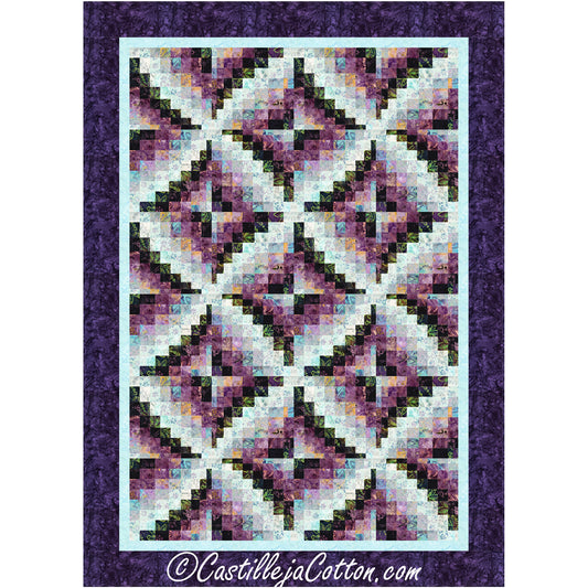 Quilt with geometric pattern on a purple background, featuring the brand 'Castilleja Cotton'.