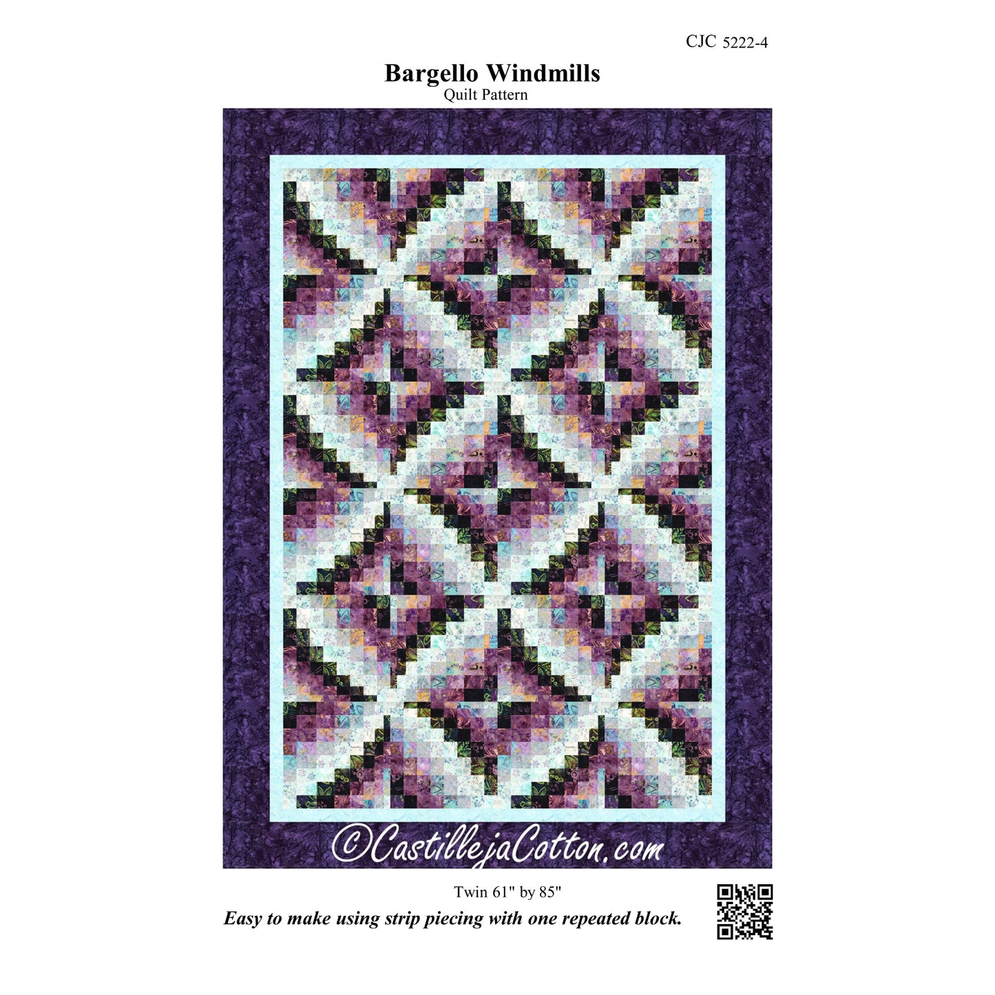 Quilt pattern cover for 'Bargello Windmills' with a purple border and quilt design.