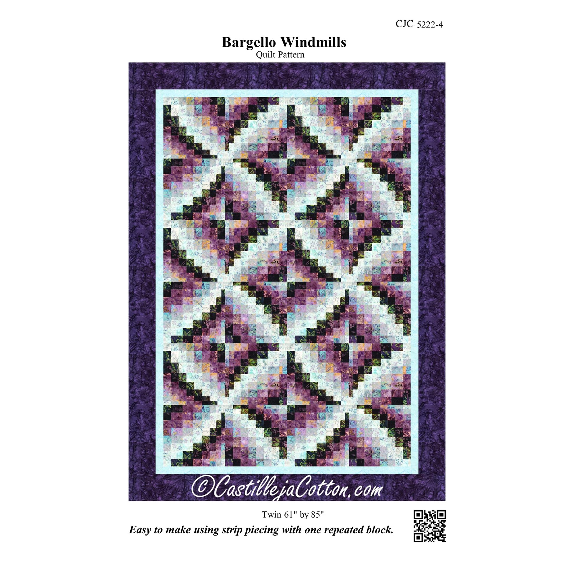 Quilt pattern cover for 'Bargello Windmills' with a purple border and quilt design.