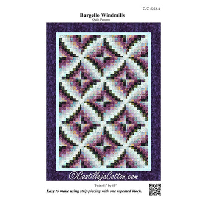 Quilt pattern cover for 'Bargello Windmills' with a purple border and quilt design.