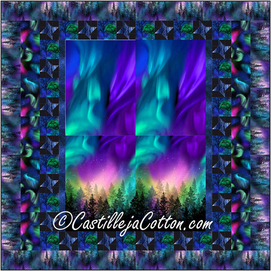 Northern Aurora Queen quilt uses 4 panels and a simple pieced star block.