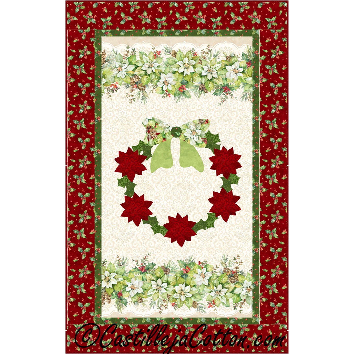 Christmas-themed fabric panel with wreaths and holly on a red border