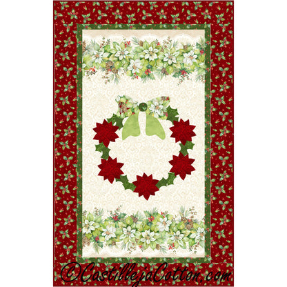 Christmas-themed fabric panel with wreaths and holly on a red border
