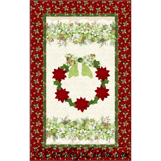 Christmas-themed fabric panel with wreaths and holly on a red border