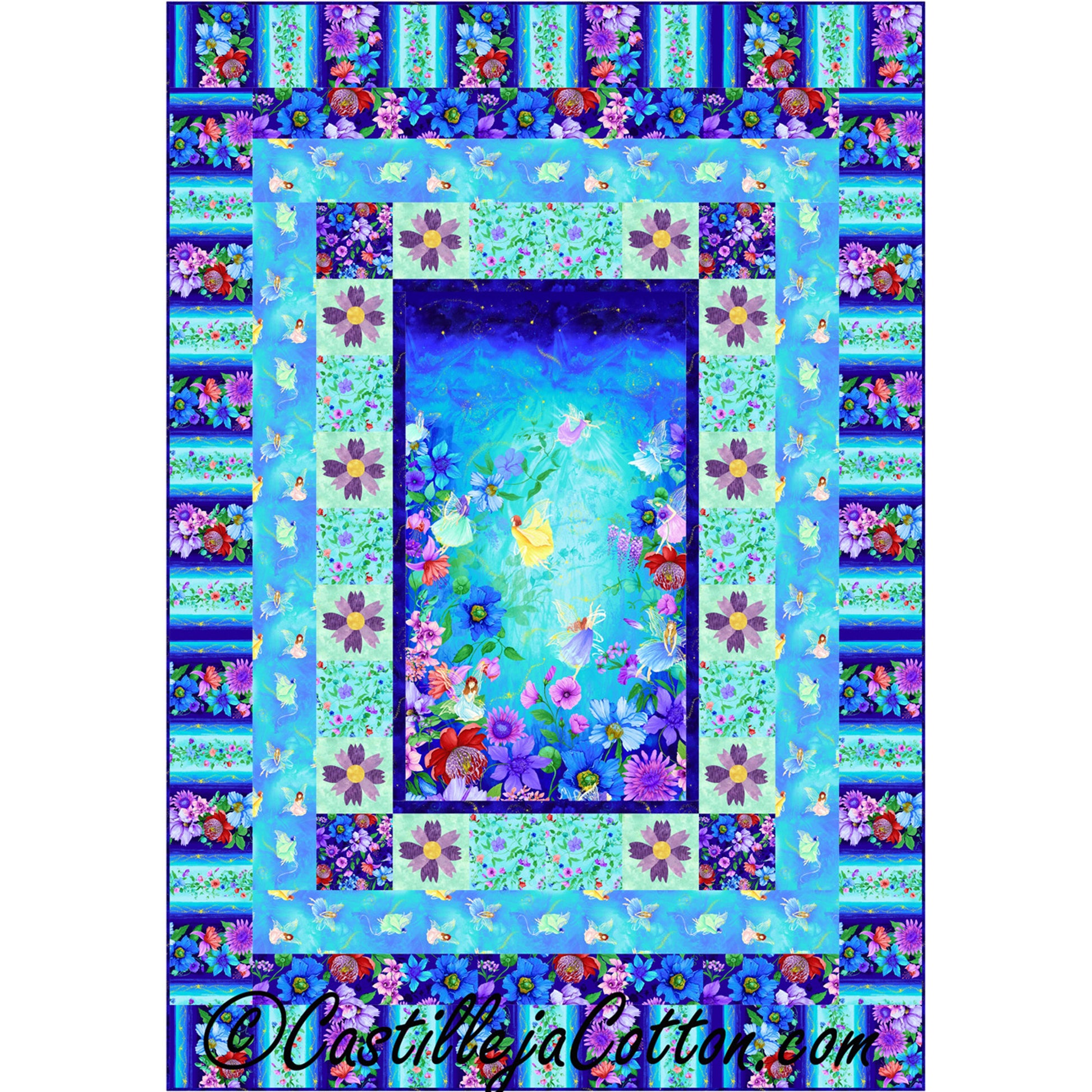 Quilt pattern the features a center fabric panel with a pieced and fusible applique border.