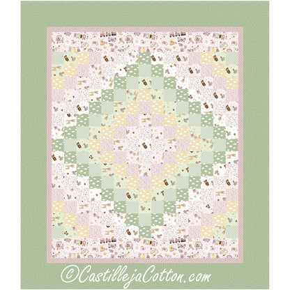 Lovely crib-sized quilt in mint, pink and white fabric in a diamond/bargello design.