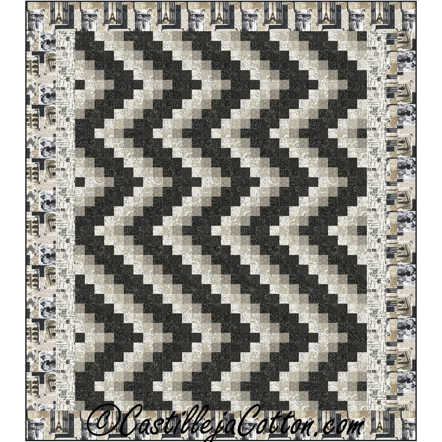 Quilt with a geometric pattern featuring black and beige colors, branded 'Castile & Co.'